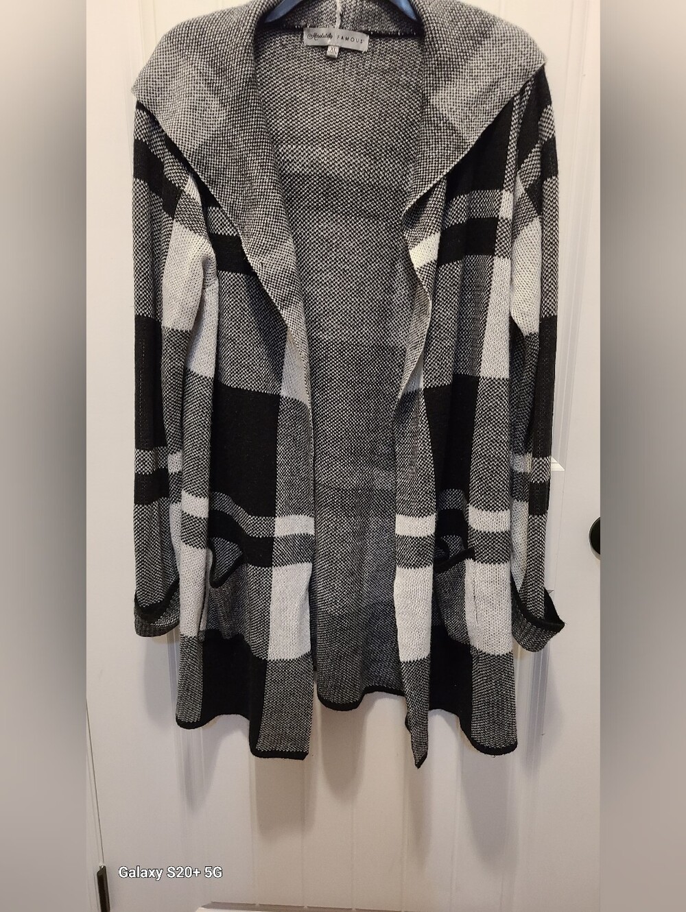 Black & White Plaid Hooded Open Cardigan